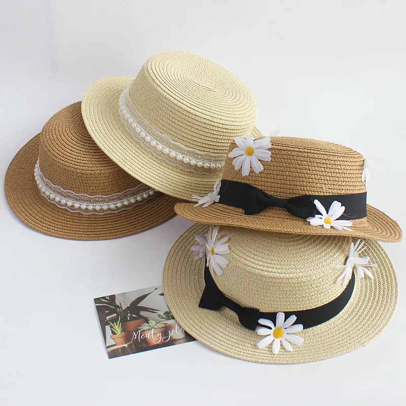 2022 New Sun Hat Straw Boater Top Summer Mats Women Beach Flat Brim Cap Bow Knot Ribbon Holiday Sombreros de Sol Pearl Caps