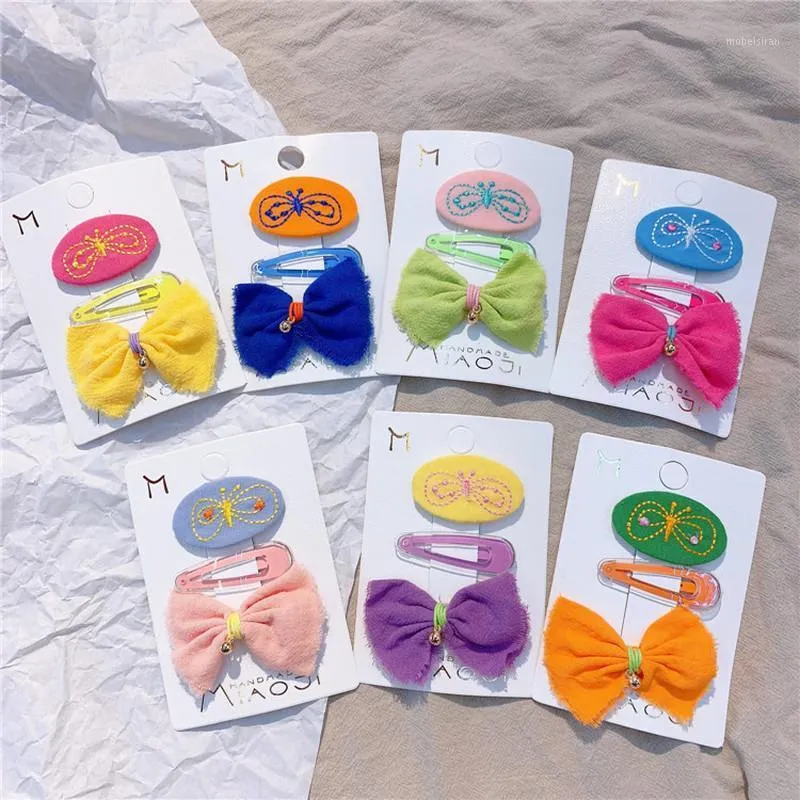 Accessori per capelli 2 pezzi per bambini semplice fiocco in tessuto colorato copricapo a forcina moda dolce ragazza ricamo farfalla clip BB