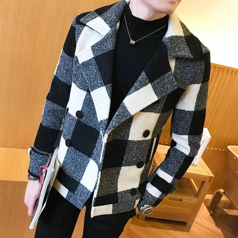Men's Wool & Blends Fashion Plaid Double Breasted Mens Woolen Short Coats Korean Autumn Long Sleeve Lapel Slim Male Outerwear Jackets Plus S
