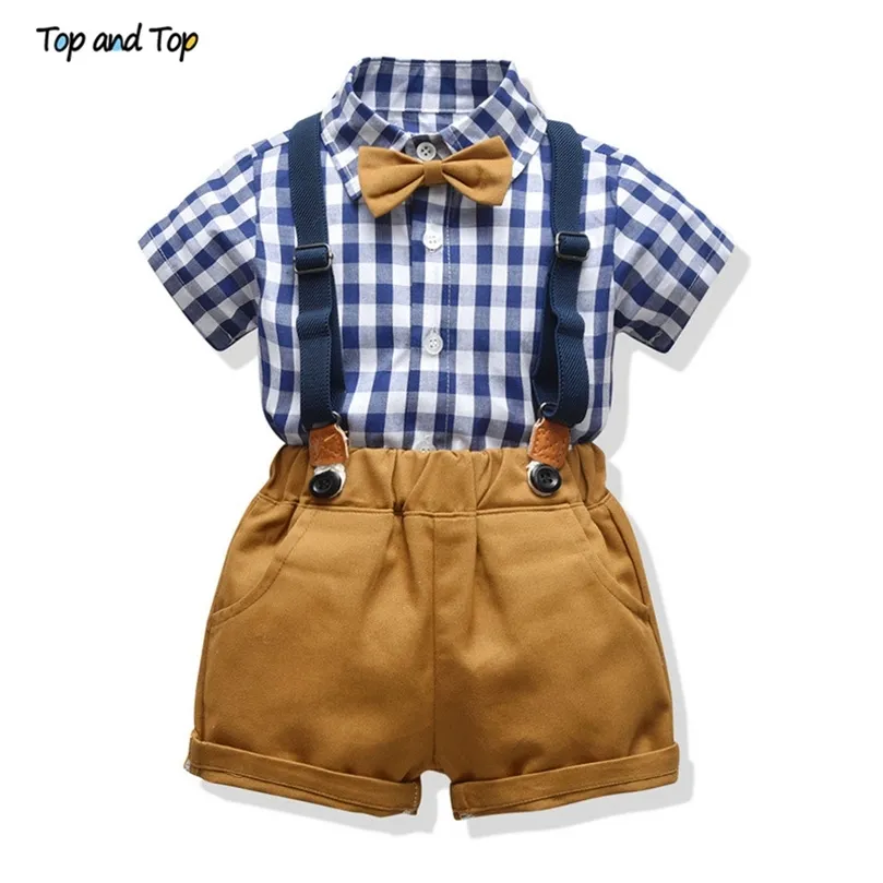 Top und Mode Kleinkind Jungen Kleidung Sets Baumwolle Plaid Kurzarm Hemd + Hosenträger Shorts Baby Gentleman 2 Stücke Anzug 220507