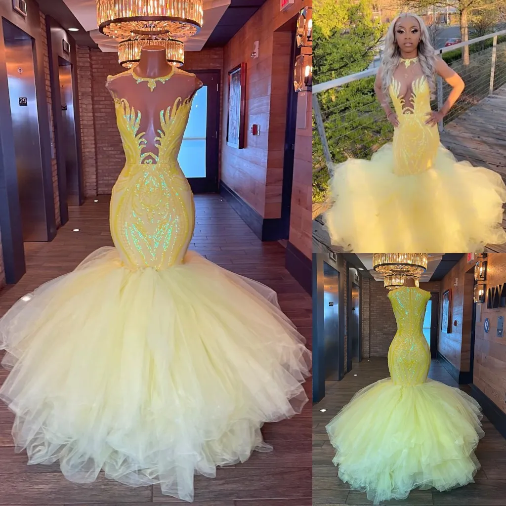 Sparkly Yellow Mermaid Lace Prom Dresses Illusion Deep V Necklinje Kvällsklänningar Svart flicka Paljett Längd Tulle Appliqued Formal Dress