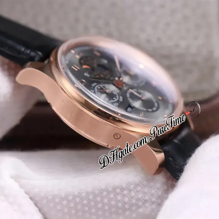 V9F 503404 Perpetual Calendar A52610 Automatisk herrklocka Rose Gold Grey Dial Number Markers Moon Phase Power Reserve Black Leathe2591