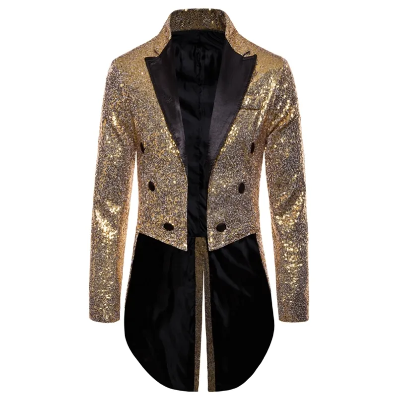 Sequin Long Jacket Blazer Men Swallowtailed Coat Stage Magician Wedding Groom Suit Tuxedo Hombre Masculino 220409