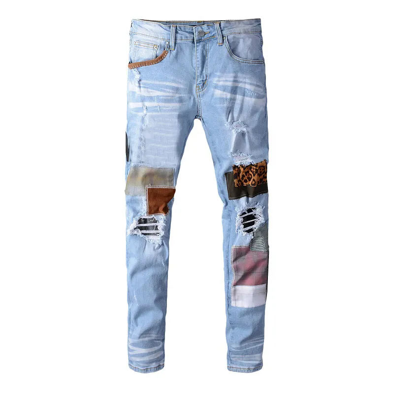 Mens Designer Classic Skinny Am Jeans عالية الجودة دمار المطبوعة الرجال دراجة نارية شارع ممزق الأسود والأزرق Jean230U