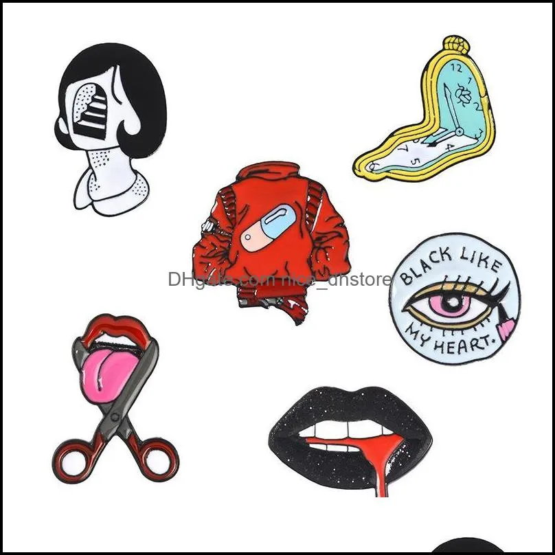 vintage punk style lips clock metal kawaii enamel pin badge buttons brooch shirt denim jacket bag decorative brooches for women men