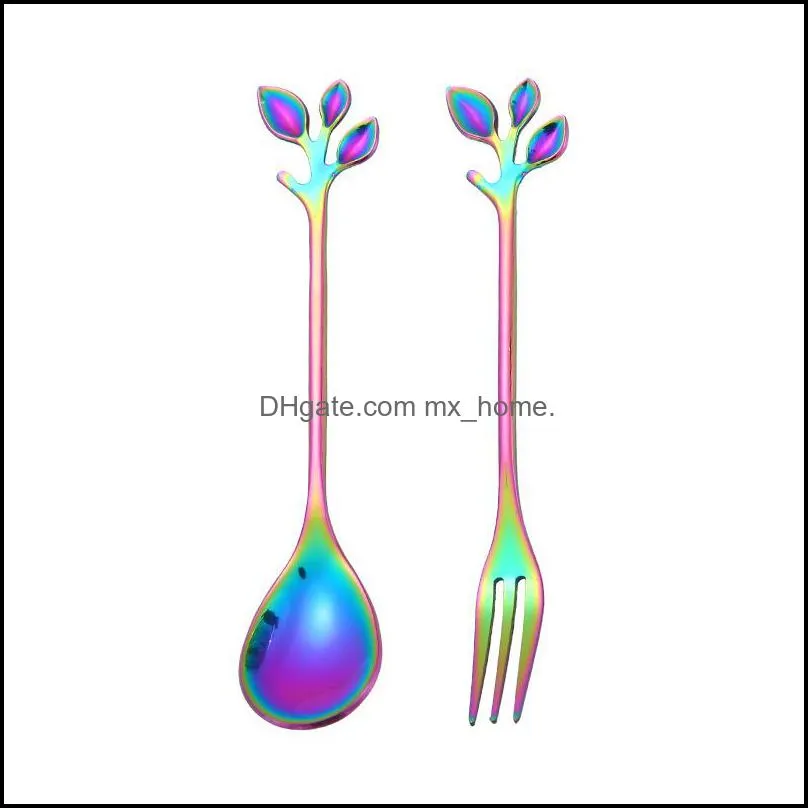 Leaf Branch Coffee Stirring Spoons Colorful Stainless Steel Tree Leaves Fruit Fork Moon Cake Forks Tableware Exquisite Gift Cutlery 3 7xc