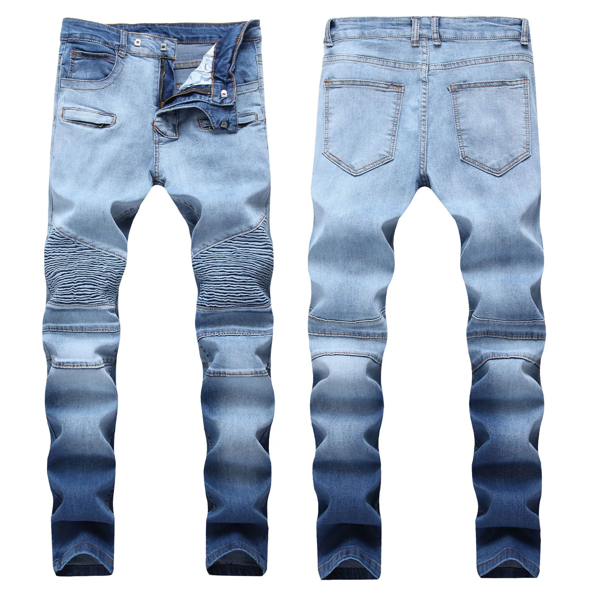 Nieuwe Aankomen 88155 Verfraaid Geribbelde Stretch Moto Heren Jeans Multi Pocket Biker Mannelijke Slanke Blauwe Broek/broek maat 28-40 Dy8k