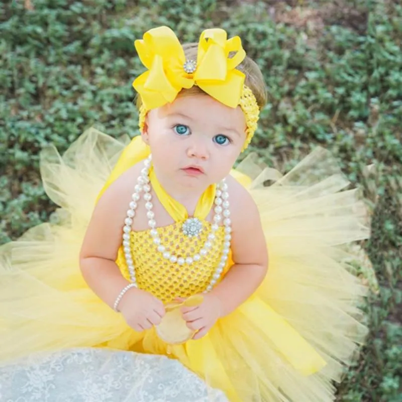 Robes De Fille Mignon Bébé Jaune Tutu Robe Infantile Filles Crochet Tulle Tutus Avec Hairbow Né Fête D'anniversaire Costume Pographie RobesFille