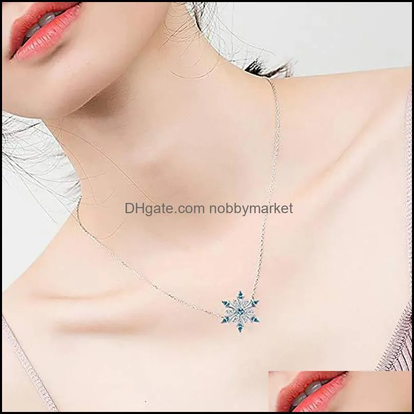Pendant Necklaces Sparkling Crystal Frozen Snowflake Necklace Women Shiny Blue Flower Zircon Chokers Ladies Girls Birthday Gift1