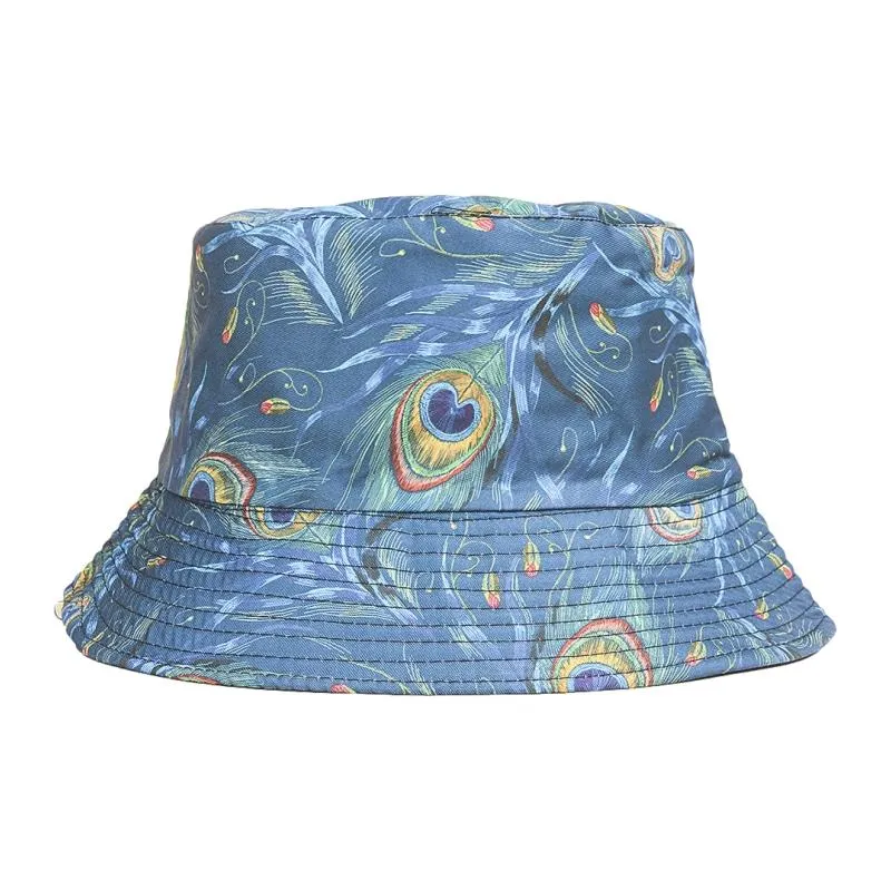 Berretti Cappello da pescatore unisex Donna Piuma di pavone Stampa Bob Cappelli Cappellino estivo da sole in cotone da spiaggia Pescatore per uomo Cappello PanamaBerretti