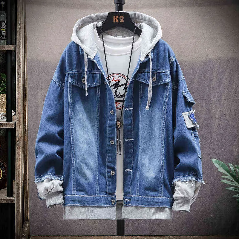 Jaqueta jeans masculino com capuz slim fit casual streetwear jackets jeans de manga longa para a moda de roupas de inverno outono para homens y220803
