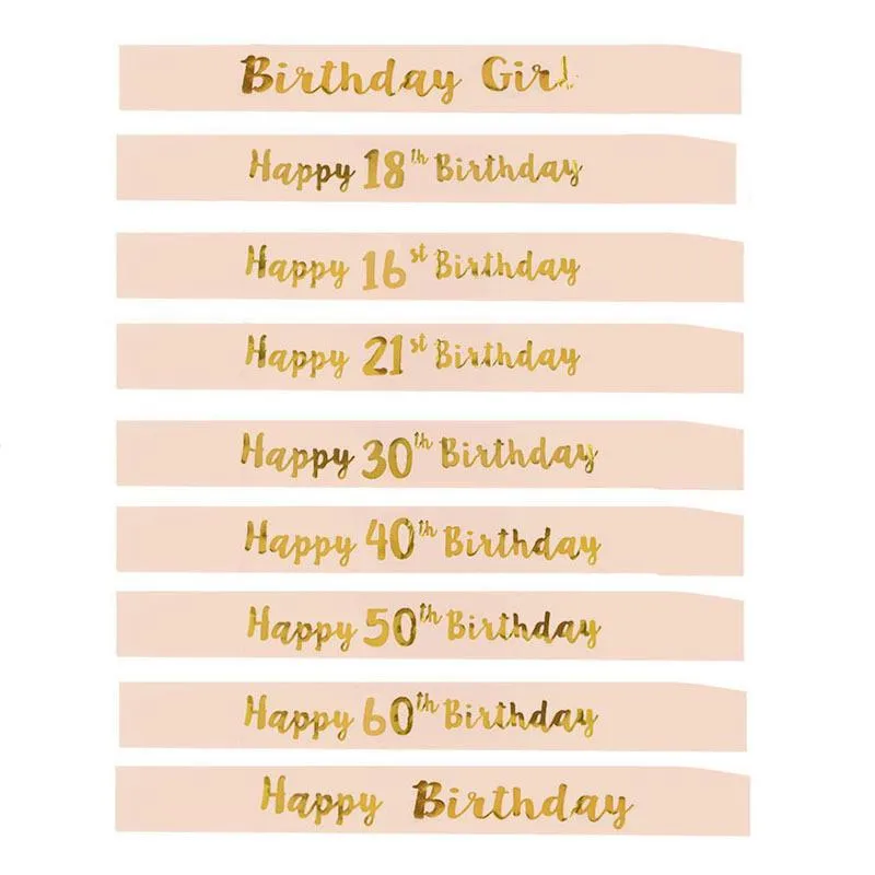 Party Decoration Rose Gold Happy Birthday Sash 18th 21st 30th 40th 50th 60th Girl for Women Mom Favor Gifts Ribbonsparty
