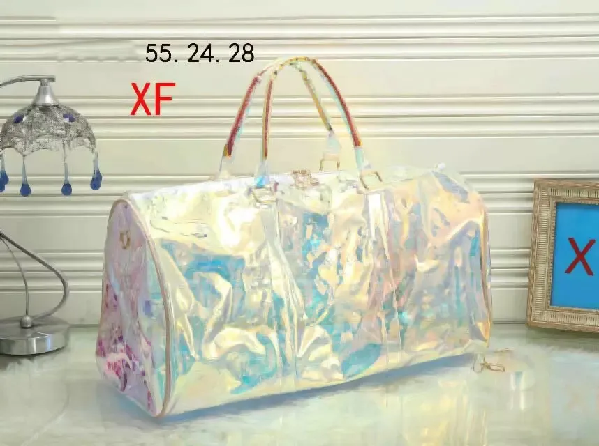 Ny mönster klassisk laser blixt pvc kvinnor handväskor 55 cm transparent duffle påse lysande färg bagage resväska uy6-qazx