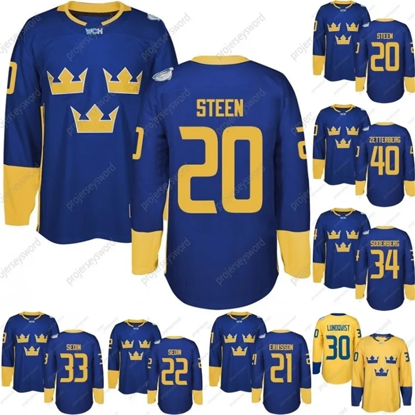 CeoMit 2016 Coppa del Mondo Squadra Svezia Maglie da hockey Lehner Kronwall Hagelin Karlsson Hornqvist Zetterberg Sooerberg Sedin Maglia da hockey della Coppa del mondo