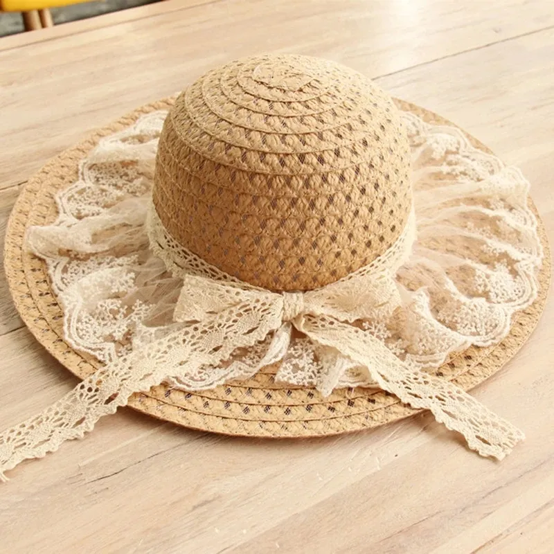 Chapeau De Paille Femme Large Bord - Panama Vintage Avec Dentelle Pour Plage Et Plein Air