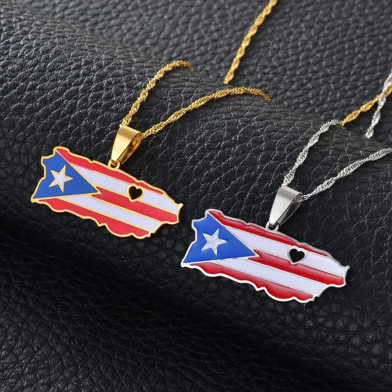 Pendanthalsband Anniyo Heart Puerto Rico Map and Color Flagg Gold Color/Silver PR Ricans Jewelry Gifts #165521 Förlovanden