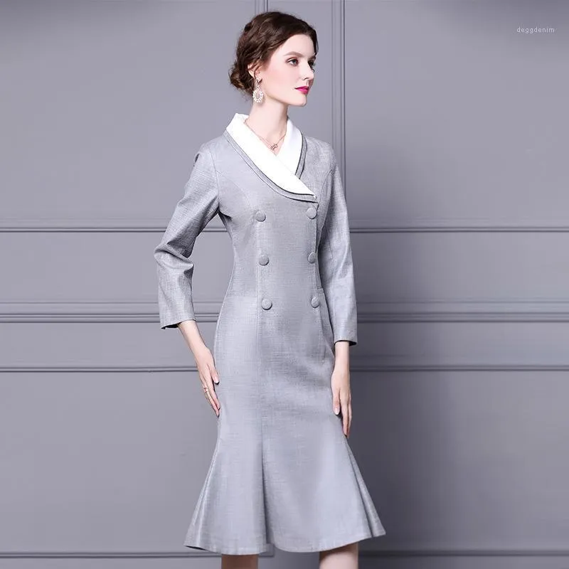 Casual Dresses Elegant Women's Dress 2022 Autumn Winter Party Female Color Block Patchwork Knappar Up Long Sleeve Grey Blue Midi Mermaid