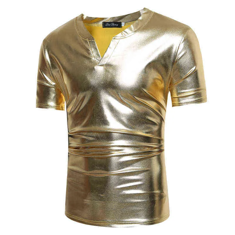 Glänsande guld metallisk kort ärm t shirt män hip hop streetwear casual tee shirt homme dj nattklubb v hals tshirt män camiseta l220704