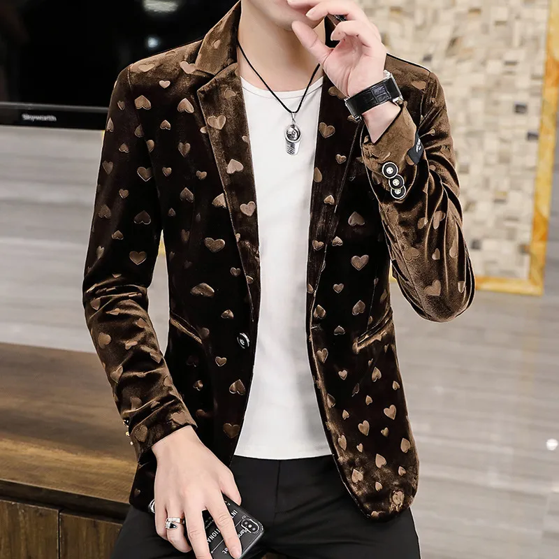 Hoo Men's Four Seasons Heart-Shaped Jacquard blazer Gold Velvet Casual Slim Handsome blazer jacket 220409