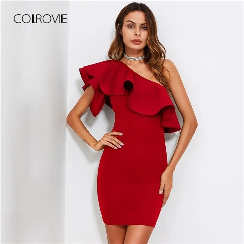 Colrovie rode ruche schiet een schoudervorm passende bodycon zomerjurk slanke solide vrouwen jurk rekbare feestjurk T200604