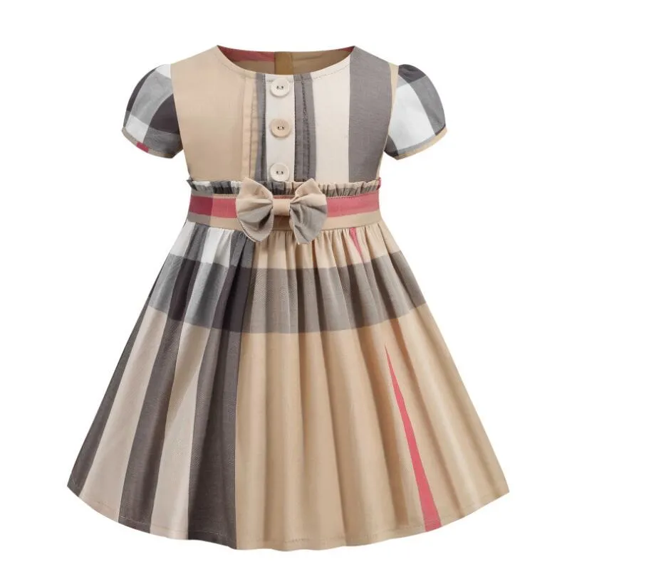 Zomer babymeisjes prinses jurken kinderen plaid korte mouw jurk met bowknot kinderen knop rokken kind skrit meisje kleren 2-7 jaar