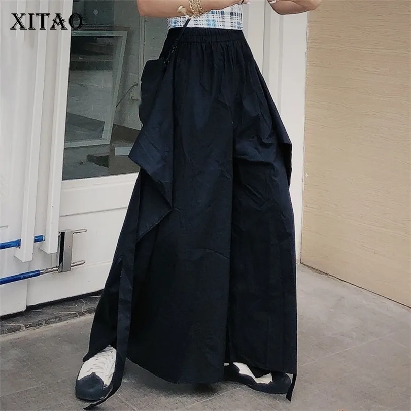 Xitao Women Korea Fashion New Summer Pocket Wide Leg broek Vrouw vaste kleur Elastische taille BROTE LENDERE BROEK ZQ1936 201012