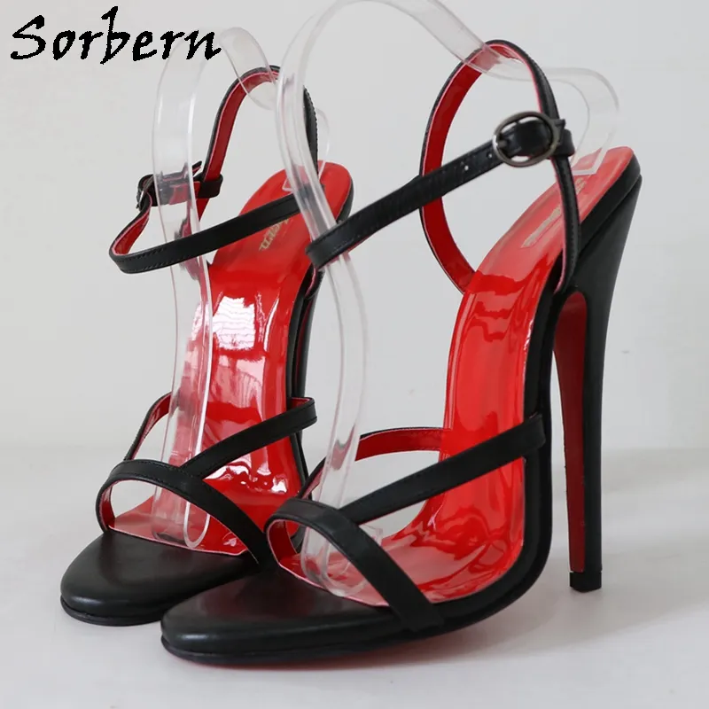 Sorbern 16Cm Stilettos High Heel Sandal Thin Straps Slingback Black And Red Real Leather Sexy Sissy Girl Shoe Custom Color