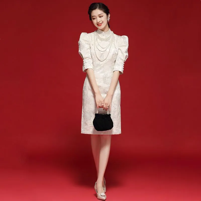 Party Dresses Dress Women S-XXL Light Mature Elegant Ladies 2022 Autumn Gold Yarn Jacquard Puff Sleeve White Cheongsam Knee Length