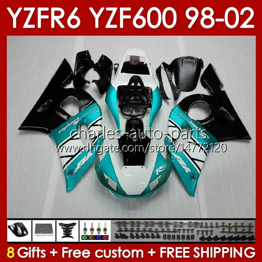 طقم Fairings لـ Yamaha YZF 600 CC YZF-600 YZF R6 R 6 98-02 Body 145NO.143 YZF600 600CC COWLING YZF-R6 1998 1999 2000 2001 2002 YZFR6 98 99 00 01 02 OEM Glossy Cyan Blk