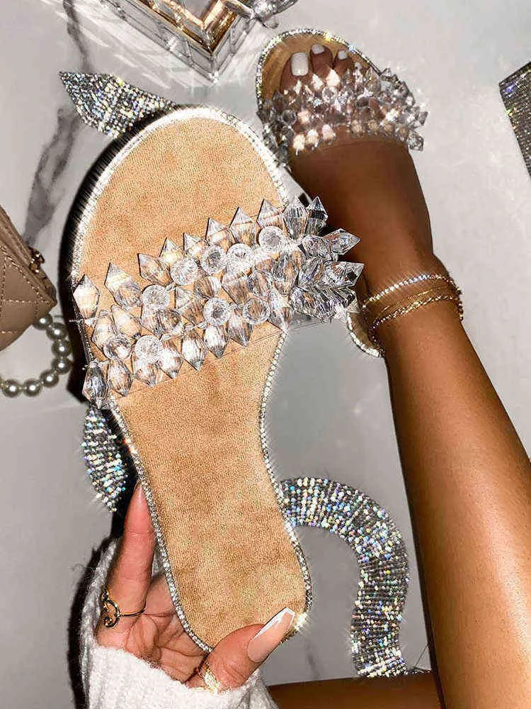 Nxy Slippers 2022 Summer Flat Crystal Sandals Women Fashion Retro Sweet Lady Beach Shoes Outdoor Flip Flops 220705