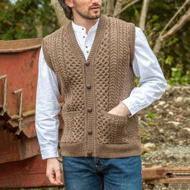 Maglioni da uomo Maglione da uomo Gilet Cappotto Primavera Estate Tasca solida Splicing Scollo a V Cardigan monopetto Maglione allentato senza manicheMen's Olga2