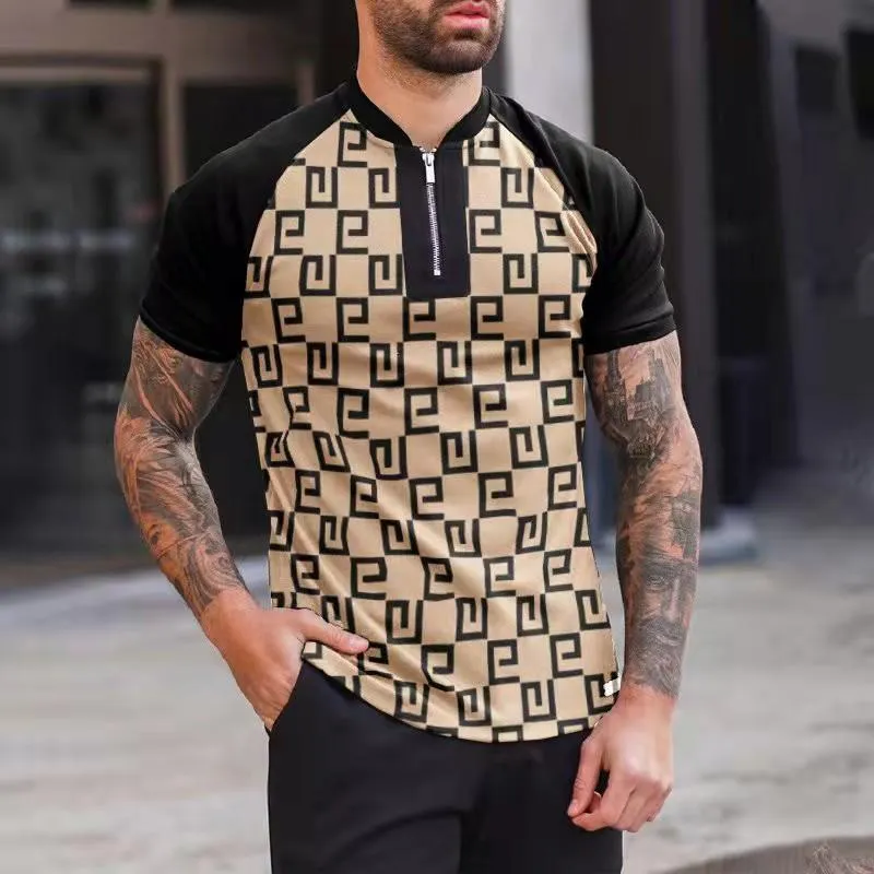 Herrpolos män kort ärm skjorta sommar vintage mönster kragefritt topp modekläder fitness smala skjortor teesmens mäns män