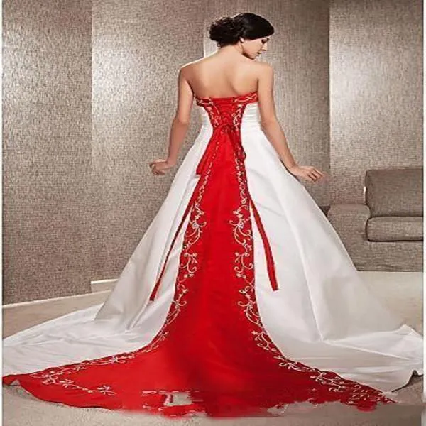 Strapless Timeless Red And White Wedding Dresses Boho Red Lace-Up A Line Wedding  Dress With