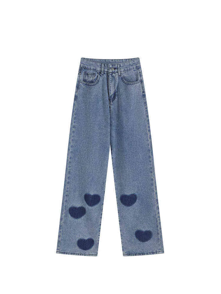 Jeans larghi stampati a cuore vintage da donna Pantaloni Harajuku a vita alta da donna autunno Denim Streetwear Pantaloni larghi a tubo Plus Size L220726