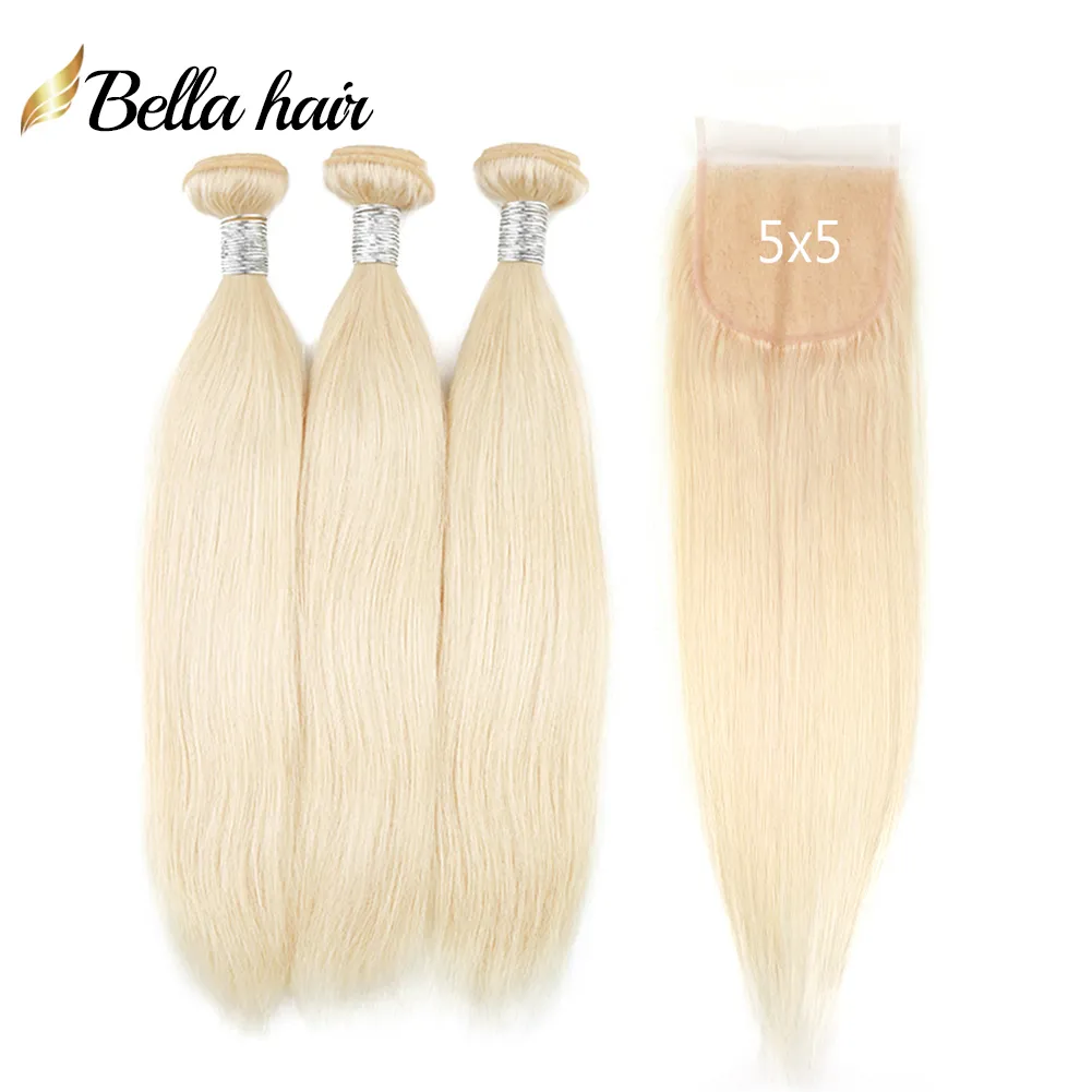 613 100% Virgin Human Hair Weave with 5x5 Transparent Lace Closure Blonde Straight Body Wave Hair Extensions 11A Quality 4Pcs/Lot
