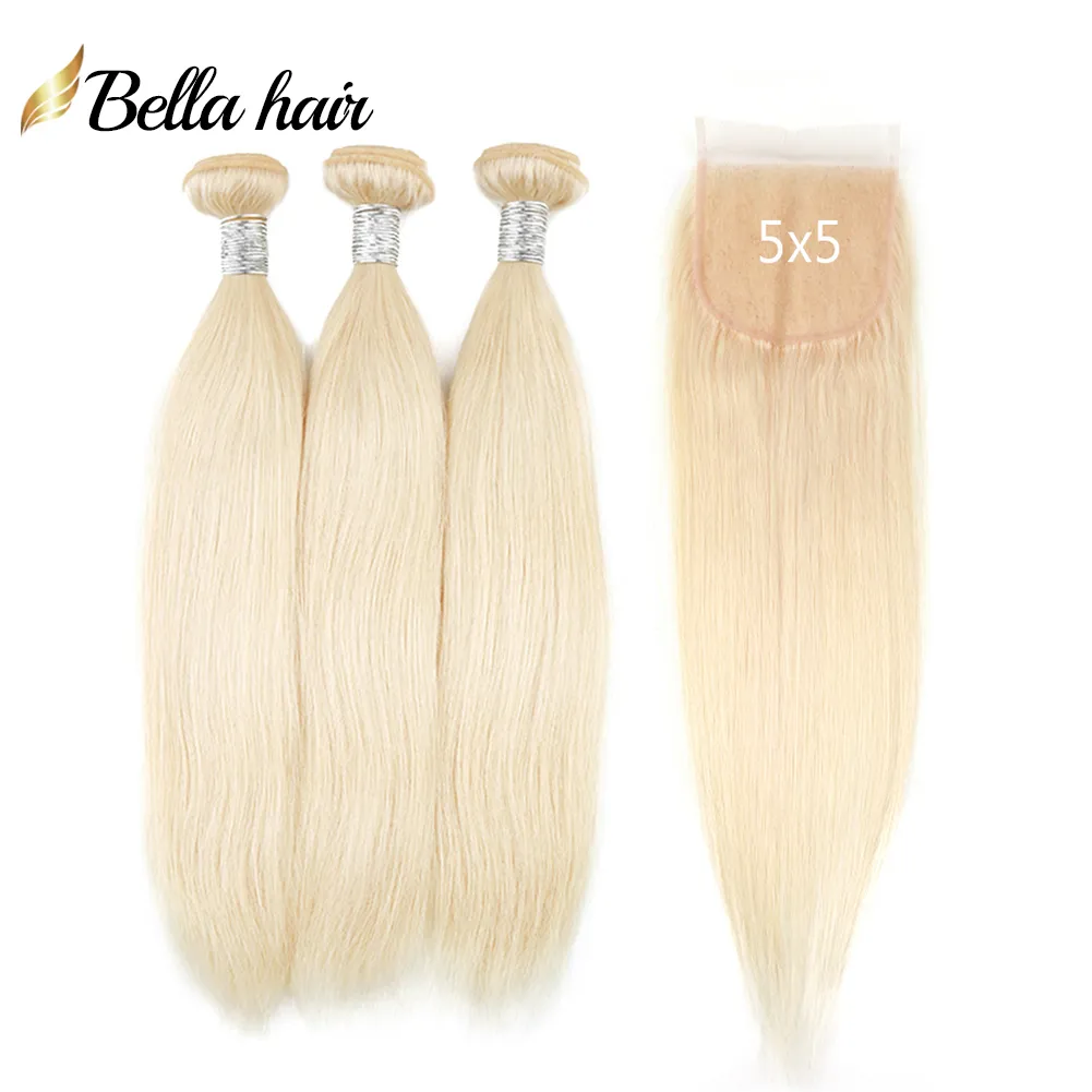 613 100% maagdelijk menselijk haar weven met 5x5 transparante kanten sluiting blonde rechte lichaamsgolf hair extensions 11a kwaliteit 4 stcs/lot