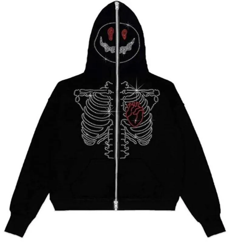 Luvtröjor herr Tröjor Rhinestone Skull Devil Print Y2k Kläder Full Zip Up Jackor Långärmad hoodie Höst Sudaderas Streetwear Herr