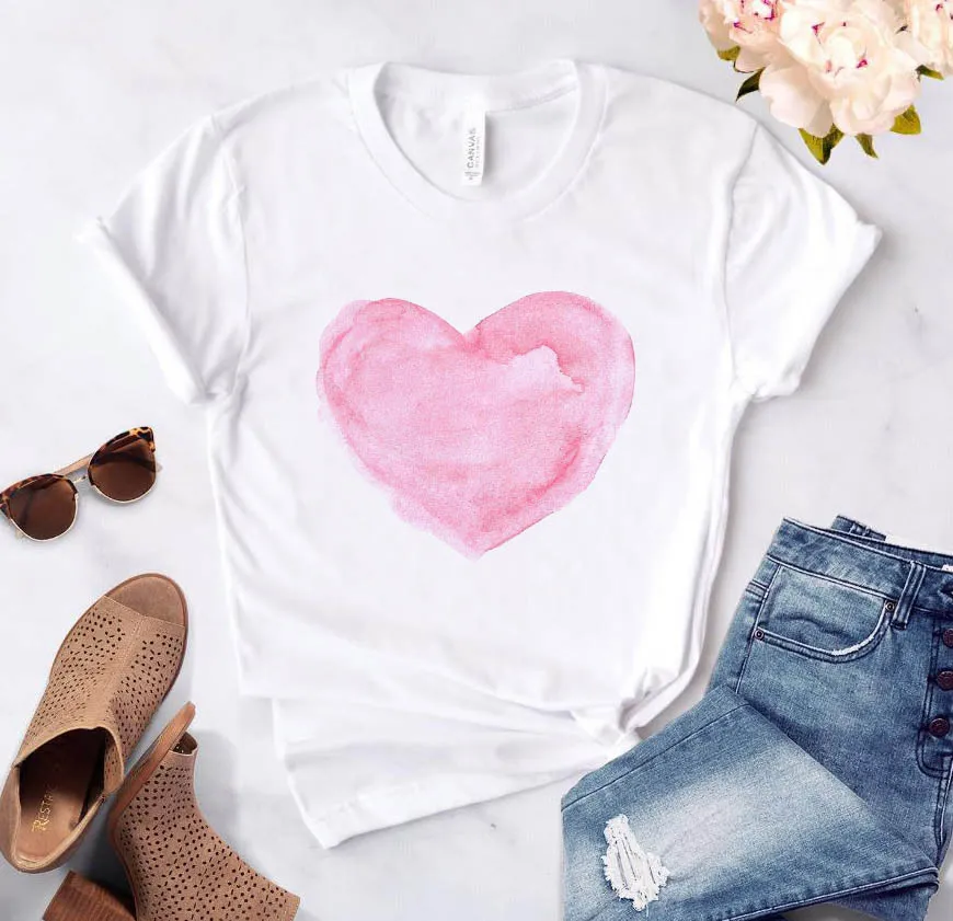 Coeur fleur imprimé T-shirt femme base décontractée col rond chemise blanche manches courtes dames T-shirt amour impression graphique A24