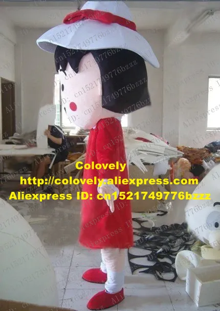 Costume de poupée mascotte doux rouge Chibi Maruko Chan Costume de mascotte Mascotte Lassock fille avec de petits yeux noirs longue robe rouge adulte No.2824 gratuit