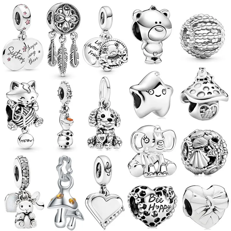 Popular 925 Sterling Silver Cute Star Cat Elephant Mushroom Pendant for Original Charm Bracelet Ladies Jewelry