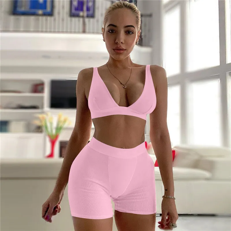 Spårar Ribbed Patchwork Women Two Piece Set Bh Crop Top Biker Shorts Suits BodyCon Sexig Streetwear Matching Sporty Tracksuit