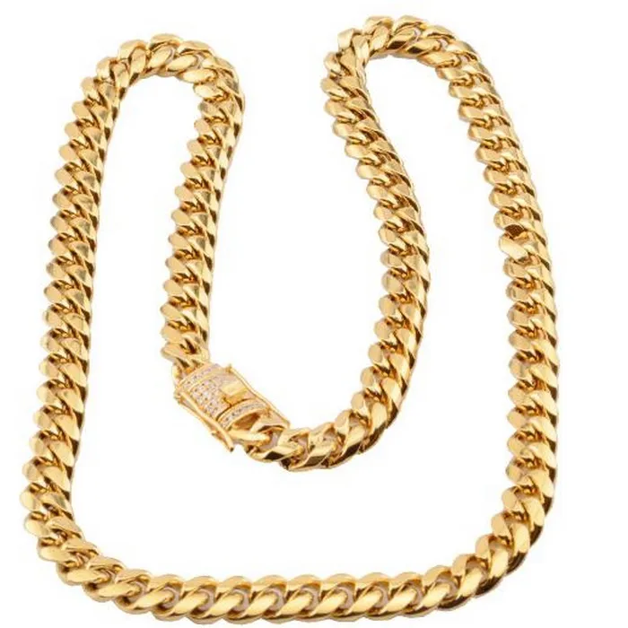 Herren Miami Cuban Link Chain 14K Gold plattiert Edelstahl W Iced Diamond Clasp