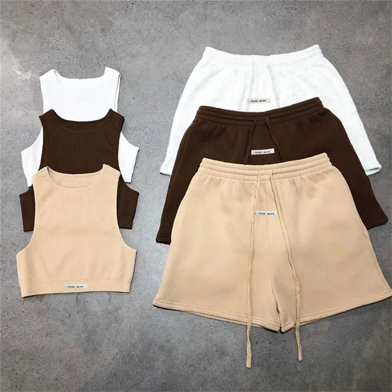 Sporty Solid Letter Tweed Piece Set Women Ribbed Skinny Tank Tops Losse Casual Bandage Shorts Matching Female Tracksuit 220527