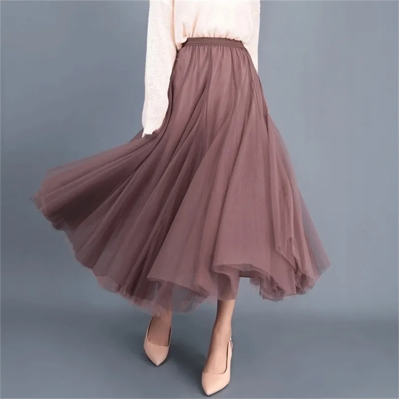 Jupes en tulle femmes maille élastique tutu jupe printemps été coréen taille haute Kpop mode jupe longue plissée noir / kaki 210315