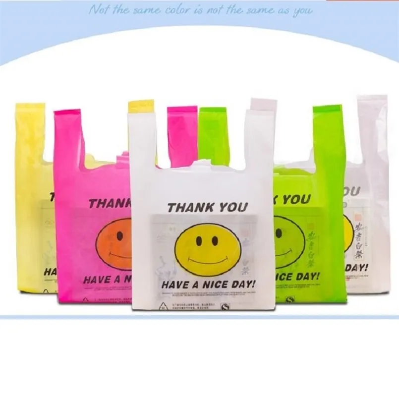 50pcspack 20x32cm Carry Out Smile Gift Bag Retail Supermarket Grocery Shopping Plastic Bags With Handle Food Packaging 220704