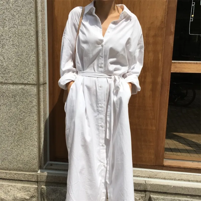 JxMyy Casual Simple Loose Female Dress Autumn Single-Breasted Lace-Up White Shirt Dress Women Dress A-Line Vestidos 210412