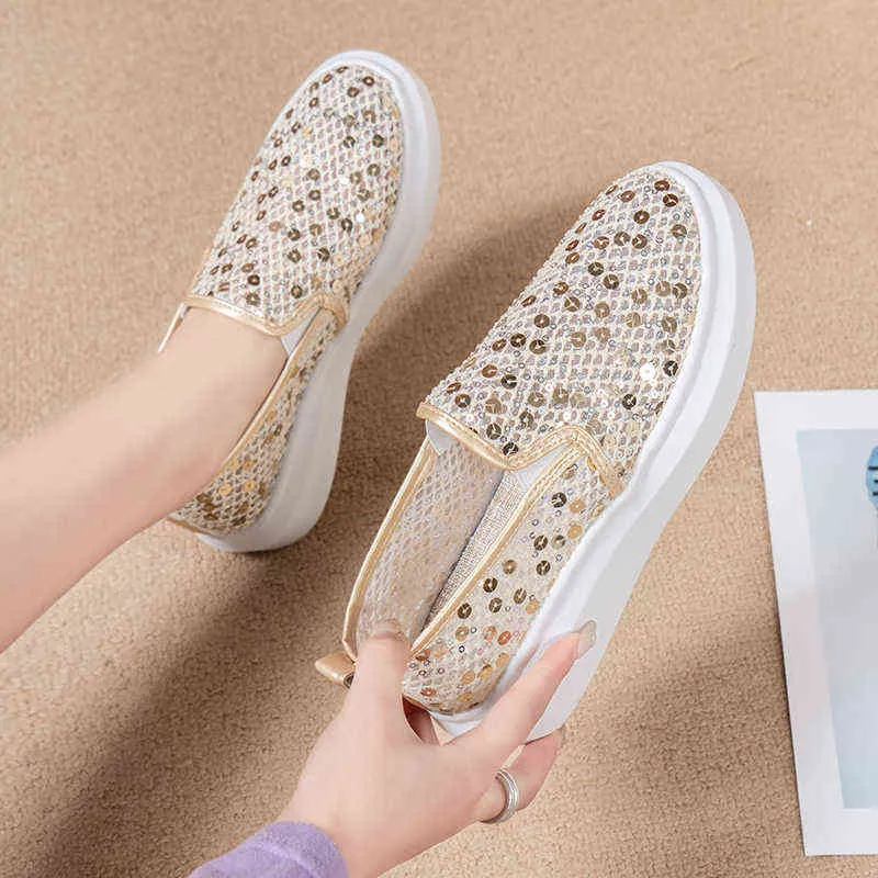 Dress Shoes Gold Silver Buckets Loafers Women 2022 Summer Briefs on Breathable Mesh Casual Woman Thick Bottom Platform Flats 220423