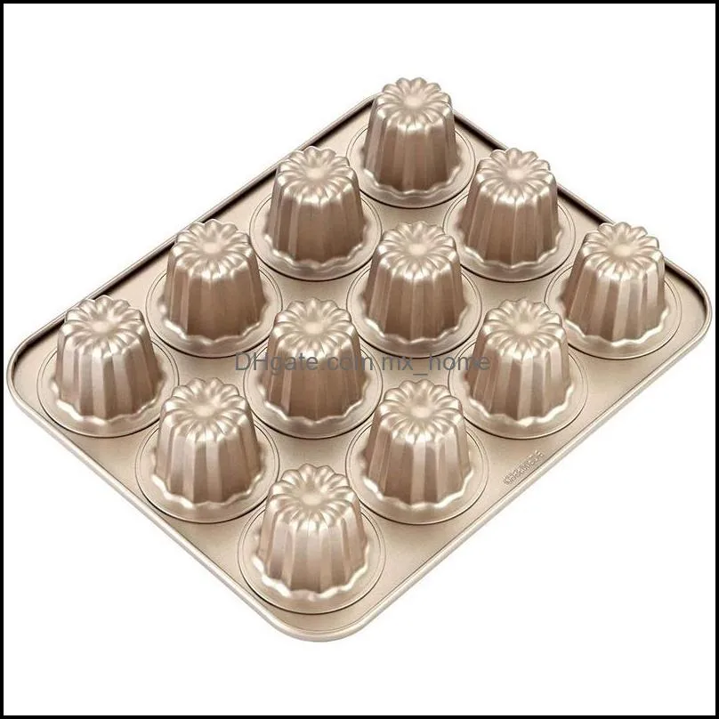 baking & pastry tools canele mold cake pan, 12-cavity non-stick cannele muffin bakeware cupcake pan for oven baking(champagne gold)