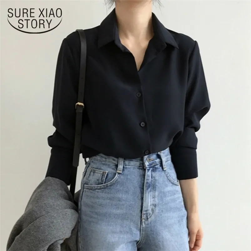 Women Shirt Classic Chiffon Blue Female S-4XL Plus Size Lose Long Sleeve Shirt Lady Simple Style Topps Clothes Blusa 6830 220513