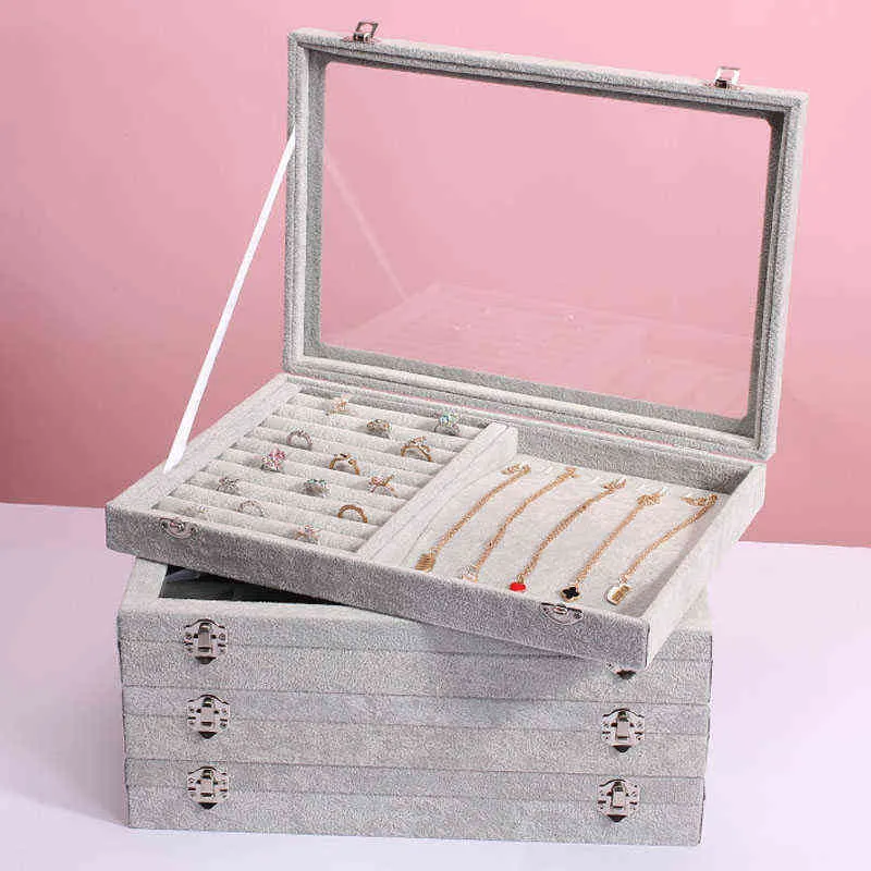 Boîtes de bijoux grand sac de transport en gris en velours avec anneau de couverture en verre DIS J220823